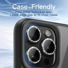 CASECOPS 6入黑色閃粉環狀相機鏡頭保護貼附安裝套件，適用於 iPhone 17 Pro Max/17 Pro/17 Air/17e/17、16 Pro Max/16 Pro/16 Plus/16e/16、15 Pro Max/15 Pro/15 Plus/15、14/13/12/11 及其他機型。採用 AR 高品質 9H 硬度鋼化玻璃搭配鋼化玻璃金屬環，高清晰度、防摔、防油、防刮、防指紋、防塵、全覆蓋、無氣泡 - 6Pcs - 查看 6