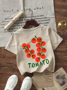 Unisex Baby Tomato Slogan Print Back Graphic T-Shirt, Loose Fit Soft Knit Summer Short Sleeve Top, Suitable For Little Boys - Apricot - View 3