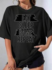 Women's T-Shirts, Casual Short Sleeve Party T-Shirt, White Round Neck T-Shirt With 'Eat Sleep Game Repeat' Print, Casual Clothing For Video Game Fans, Everyday Wear, Urban Fashion 180g - 黑色 - 查看 7