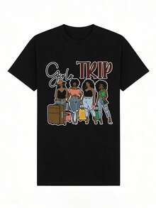 Women's Soft And Casual Short-Sleeved T-Shirt With A Round Neck, Featuring A Graphic Print Of Girls' Travel Illustrations, Suitable For Everyday Wear. Black. - 黑色 - 查看 4