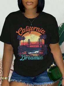 Camiseta gráfica ModaModaWomen's California Dreamin - Camiseta de manga corta con cuello redondo suave y diseño del puente Golden Gate y palmeras al atardecer, cómoda y casual, elegante para conjuntos de primavera y verano, ideal para vacaciones en la playa. - Negro - Ver 6