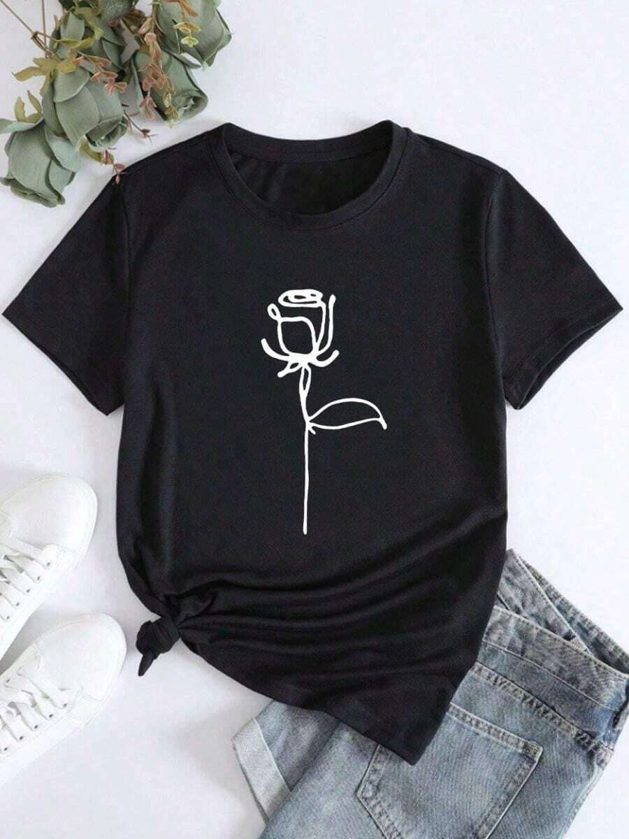 Camiseta de manga corta para mujer con estampado de rosas, adecuada para uso diario, salidas y deportes. - Negro - Ver 1