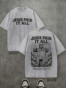 Camiseta Retro Lavada con Estampado a Doble Cara (Camiseta de 230 g de Algodón Puro) con Estampado de Letras 'JESUS PAID IT ALL' y Patrón de Cruz, Regalo Cristiano, Camiseta para Hombre, Casual, Cómoda, a la Moda, Estilo Urbano de Algodón - Gris - Ver 7