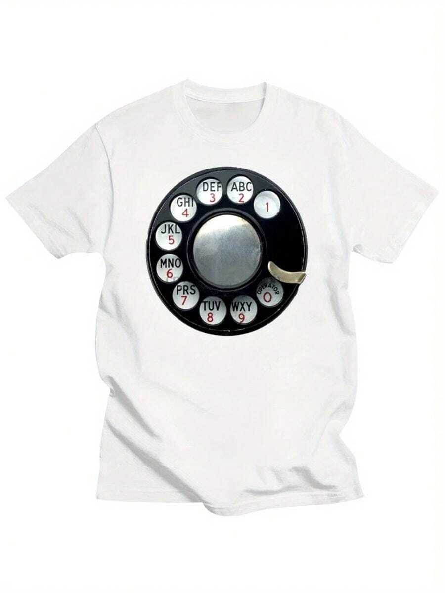 Camiseta gráfica para hombre con dise?o de teléfono de rotafolio vintage - Talla grande, dise?o retro de teléfono con rotafolio y botones numerados - Camiseta suave y transpirable para la nostalgia - Blanco - Ver 1