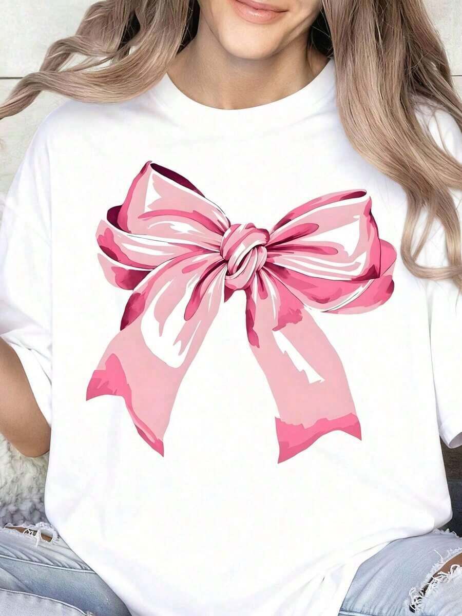 Women's Pink Bow T-Shirt, Cute Fashion Top, Casual Summer Wear, Gift For Valentine's Day Or Birthday, Women's T-Shirt. - 白色 - 查看 1