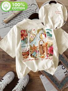 Limited Edition [Double-Sided Print] Women's Fashion Top, Women's Summer Clothes, Short Sleeve T-Shirt With Round Neck And Floral Print Of Starfish And Coconuts Tropical Style, Lightweight Cotton - 杏色 - 查看 12
