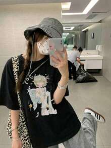 Women's Custom Y2K Style T-Shirt, Oversized And Cute - Casual Short Sleeve T-Shirt With Anime And Angel Graphics, Perfect For Sweet Japanese Style Tops And Summer Streetwear In White - Unisex Vintage Urban Style Loose Fit Cotton Short Sleeve Crew Neck T-Shirt - 黑色 - 查看 1