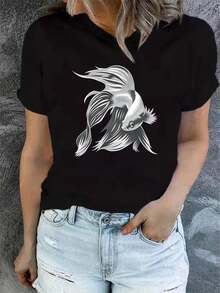 Camiseta de verano para mujer, de manga corta y estampada, moderna y casual, lavable a máquina, ajuste cómodo, estampado plano 2D. - Negro_06 - Ver 12