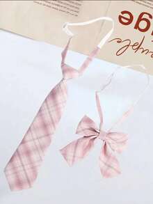 1 Bộ đồng phục học sinh cổ điển, cà vạt và nơ kẻ caro hồng. - Nhiều màu - Xem 1