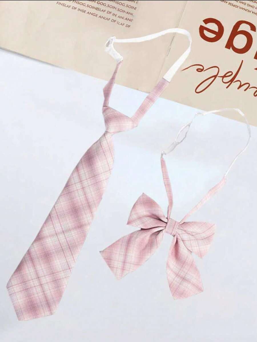 1 Bộ đồng phục học sinh cổ điển, cà vạt và nơ kẻ caro hồng. - Nhiều màu - Xem 1