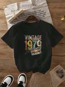 Ropa Curvy En Oferta Y  Camiseta De Mujer Moderna, Informal, Para Fiestas Y Para Estar En Casa, 100% AlgodóN, Corte Holgado. 1PscVintage 1979 Camiseta de Cuello Redondo para Mujer, Diseño Retro de Cinta de Cassette, Top Casual de Verano para Mujer, Estilo Nostálgico de los 70, Camiseta Gráfica 100% Algodón, Camisetas para Mujer Y2K - Negro - Ver 8