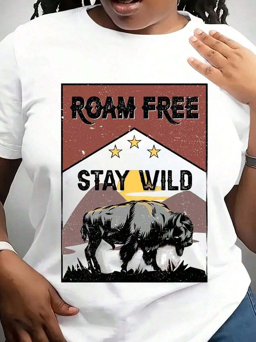 Roam Free Stay Wild Buffalo Shirt, Retro Bison Outfit, Wild West Clothing, Western Shirt, Cool Mountain T-Shirt, Cowboy Shirt, Nature T-Shirt - 白色 - 查看 1