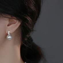 1 paire de boucles d'oreilles créoles pour femmes en argent sterling 925, 4g, avec perle de culture, style élégant à pendentif - Blanc - Voir 5