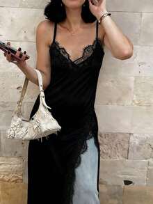 YHHVestido asimétrico con tirantes de espagueti, calado y parches de encaje y satén, estilo retro francés, elegante y sexy, vestido de espalda descubierta de unicolor con empalme de encaje para vacaciones y fiestas de veranoYHH - Negro - Ver 4