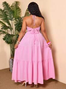 BIUBIU Femmes grande taille Top Court Rose à Col ras-du-cou avec Nœud Dos et Jupe Maxi Étagée Fluide, Ensemble Élégant Deux Pièces pour l'Été - Rose pâle - Voir 2