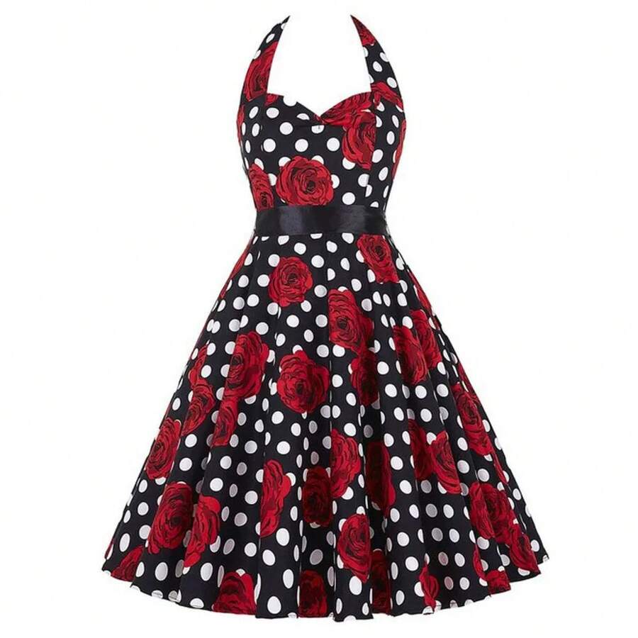 Vestido sexy retro blanco de lunares Hepburn Vintage Halter vestido de fiesta 50s 60s Pin Up Rockabilly Robe - C008 - Ver 1