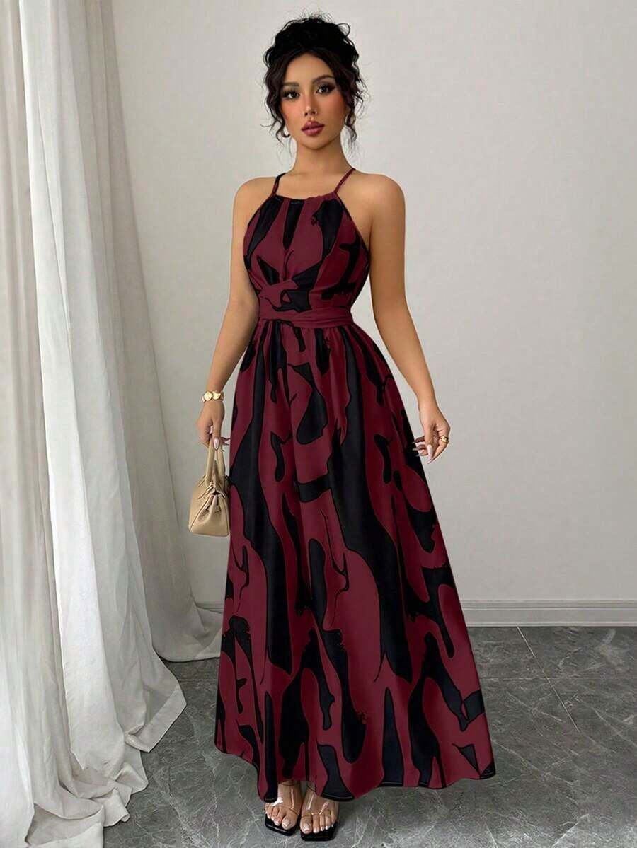 Vestido de línea A con estampado gráfico en blanco y negro, con hombros abiertos, nudo retorcido y escote de halter, elegante para primavera/verano de las mujeres - Burdeos - Ver 1