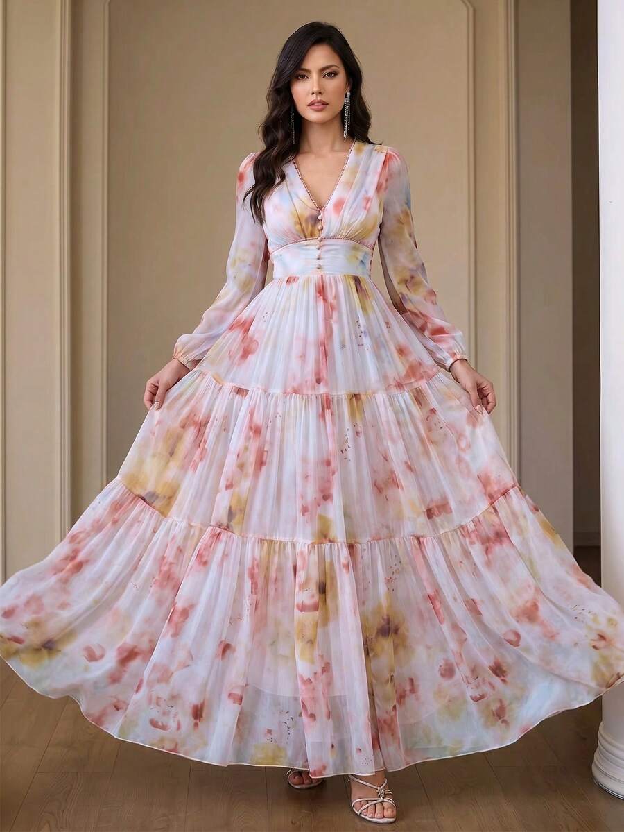Women's New Elegant Romantic Floral Print Long Sleeve Patchwork Design Dress, Slimming, All-Season, Full-Body Watercolor Print, Conservative, Elegant, Formal, Suitable For Evening Party, Beach, Wedding Vacation - Multicolor - View 1
