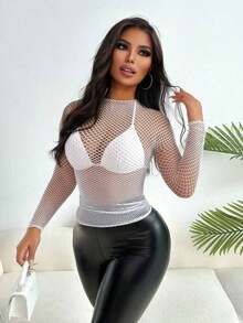 Top de manga larga de malla transparente y ajustado de moda para el verano, blusa de mujer sexy y transparente de manga regular, de cuello alto y ajustada, color liso negro, para uso casual diario en primavera/otoño - Blanco - Ver 4