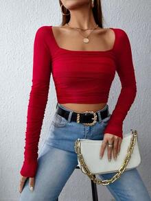 Top crop de cuello cuadrado fruncido de malla - Rosa Roja - Ver 6