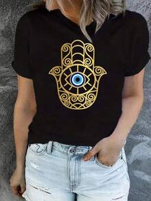Vintage ögon-grafikdesign, en avslappnad t-shirt med rund hals och bokstavstryck för dam, perfekt för vår och sommar, bekväm passform, perfekt för vardagsbruk, Robe Femme Eté T-shirt, trendig minimalistisk dam-t-shirt med normal rund hals, present till vänner. Robe Femme Eté T-shirt, Trendig minimalistisk dam-t-shirt med rund hals, present till vänner. - Svart - Visa 7