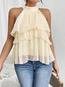 Blusa de gasa con volantes asimétricos y cuello suelto - Albaricoque - Ver 6