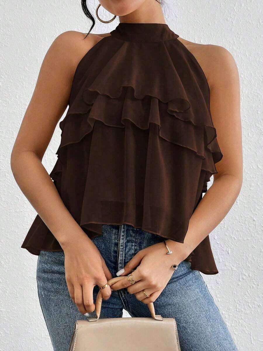 Blusa de gasa con volantes asimétricos y cuello suelto - Café integral - Ver 1