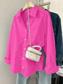 Camisa casual/de trabajo de manga larga, de un solo pecho y de unicolor para mujer de talla grande - Rosa Fucsia - Ver 3