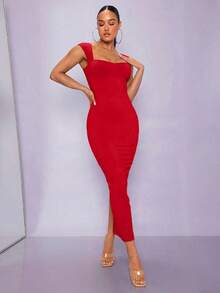 Vestido ajustado unicolor de cuello cuadrado - Rojo - Ver 3