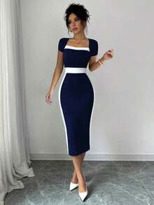 Vestido ajustado de cuello cuadrado con bloques de color para mujer - Azul marino - Ver 3