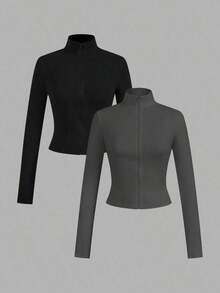 2 piezas Conjunto versátil de ropa deportiva de punto blanca y negra para yoga y fitness, camiseta de manga larga con cremallera y bordado gráfico de letras, elegante para otoño/invierno - Multicolor 9 - Ver 1