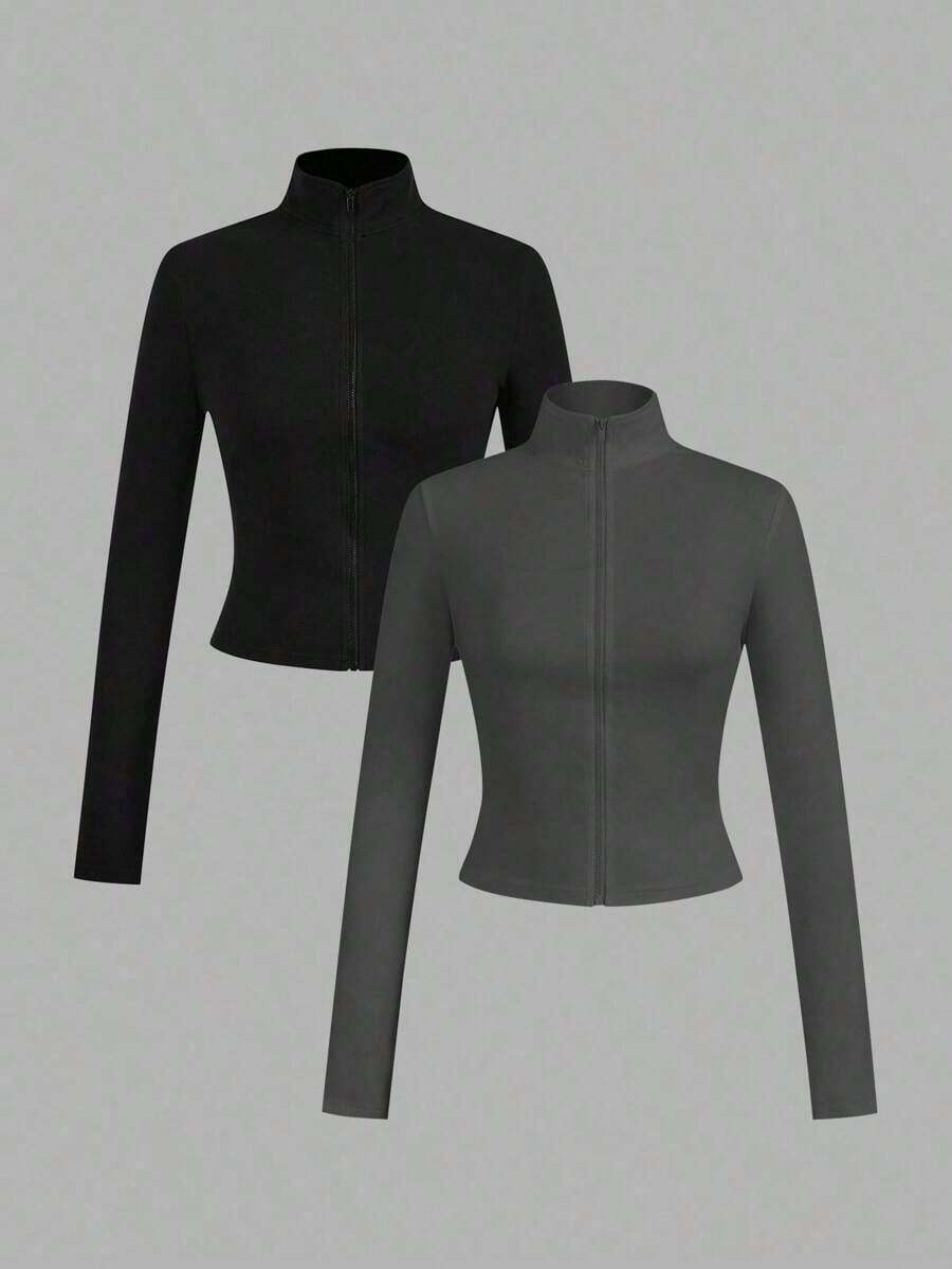 2 piezas Conjunto versátil de ropa deportiva de punto blanca y negra para yoga y fitness, camiseta de manga larga con cremallera y bordado gráfico de letras, elegante para otoño/invierno - Multicolor 9 - Ver 1