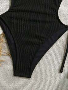 Traje de baño de una pieza con cuello en V de punto jacquard con textura y espalda descubierta, color verde oliva, adecuado para la playa.Traje de baño de una pieza negro, traje de baño de mujer con cuello halter - Negro - Ver 3