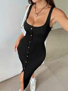 Vestido largo con cuello cuadrado, botones delanteros y abertura lateral para mujer - Negro - Ver 7