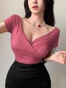 Camiseta básica de manga corta y escote envolvente de color liso versátil y casual, parte superior azul - Rosa - Ver 3