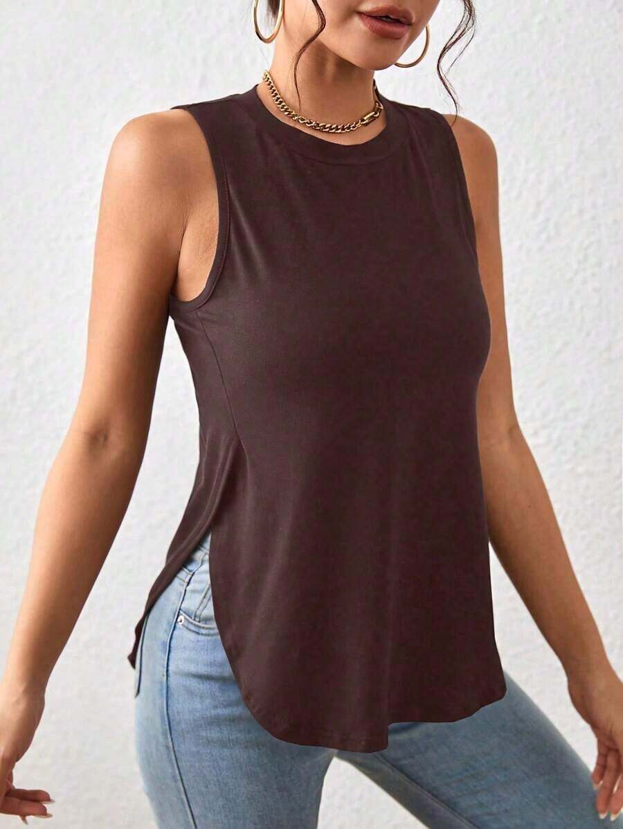 1 pieza Camiseta casual de mujer de cuello redondo y bajo con abertura lateral de un solo color - Marrón - Ver 1