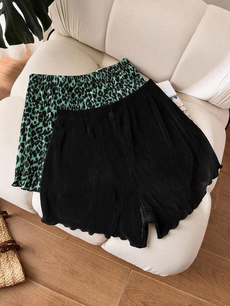 Shorts plisados de talla grande de verano con estampado de leopardo y unicolor - Multicolor 3 - Añade 2