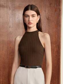 Camiseta de tirantes ajustada de cuello redondo básica para mujer, adecuada para el transporte urbano, la oficina, el estilo casual de negocios, las fiestas y otras ocasiones - Marrón - Ver 6