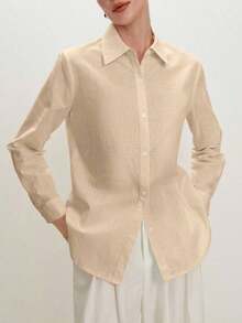 2026 Nueva Camisa Básica Versátil y Elegante para Mujer con Botones Delanteros y Cuello Mao en Color Azul Claro, Adecuada para Ir al Trabajo, Uso Diario, Estilo Retro de los 90, Navidad, Año Nuevo, Fiesta de San Valentín, Playa, Graduación, Moda, - Caqui - Ver 8