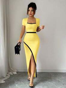 YHHRafferiza Nuevo vestido de Body ceñido con cuello cuadrado elegante y abertura en la cintura, estilo europeo y americano para mujeresYHH - Amarillo claro - Ver 4