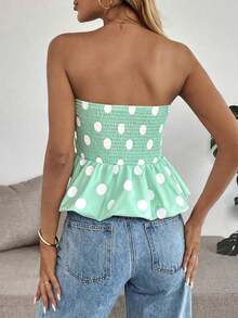 Top bandeau con dobladillo de peplum con estampado de lunares de moda para mujer - Verde - Ver 2