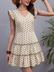Vestido Floral De Estilo Romántico Con Volantes En Los Orificios De Los Brazos, Con Corte Asimétrico Y Detalles Decorativos De Volantes En Capas - Albaricoque - Ver 5