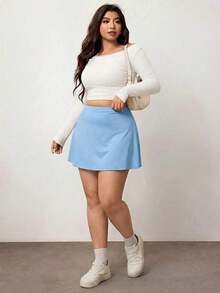Falda corta casual de línea A de unicolor negro básico para mujer de talla grande, amigable con las curvas del Body redondeado, para el invierno, para la figura de Body redondeado tipo manzana - Azul - Ver 4