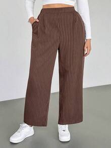 Pantalones anchos de pierna ancha a rayas blancas y negras con cintura elástica, cómodos y sueltos, de estilo básico diario, para mujeres de talla grande, estilo "Old Money", para mujeres, para la oficina, pantalones holgados, para el verano, - Marrón - Ver 4