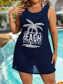 Mono vestido con estampado de árbol de coco talla grande para mujer, atuendo casual para vacaciones en la playa - Azul marino - Ver 3