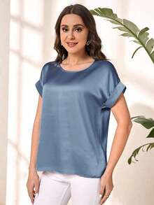 Blusa suelta elegante de verano para mujer con cuello redondo, mangas cortas tipo murciélago y unicolor - Blusas de manga corta - Niebla azul - Ver 4