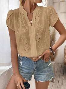 Camisa de mujer con escote en V con muesca, mangas abullonadas, blusa de manga corta - Caqui - Ver 3