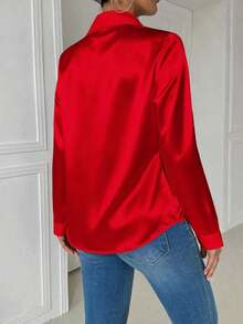 Blusa de mujer de manga larga ajustada con bolsillo y cuello casual en color blanco - Rojo - Ver 2
