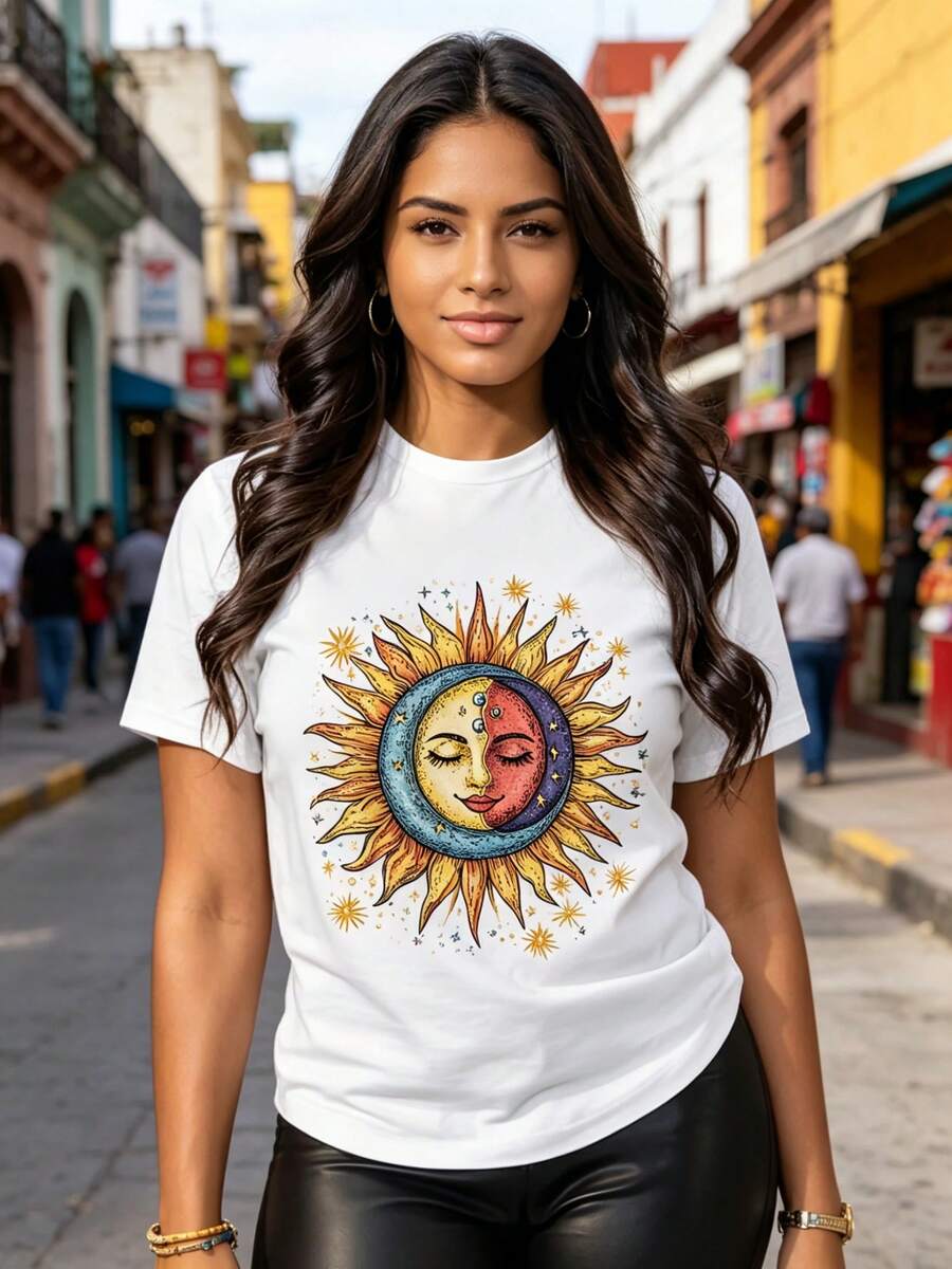 ¡Oferta por tiempo limitado, unidades limitadas, relámpago! Camisas casuales para mujer, camisetas de poliéster para mujer, camisas elegantes. ,Camiseta de mujer con estampado de mandala y luna, cuello redondo, estilo bohemio y ligero, ideal para fiestas o regalos, lavable a máquina y perfecta para cualquier época del año. - Blanco - Ver 1