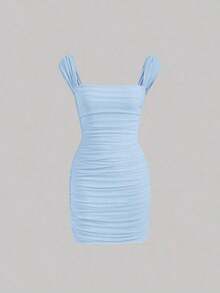 Vestido ajustado de cuello cuadrado fruncido - Celeste - Ver 5